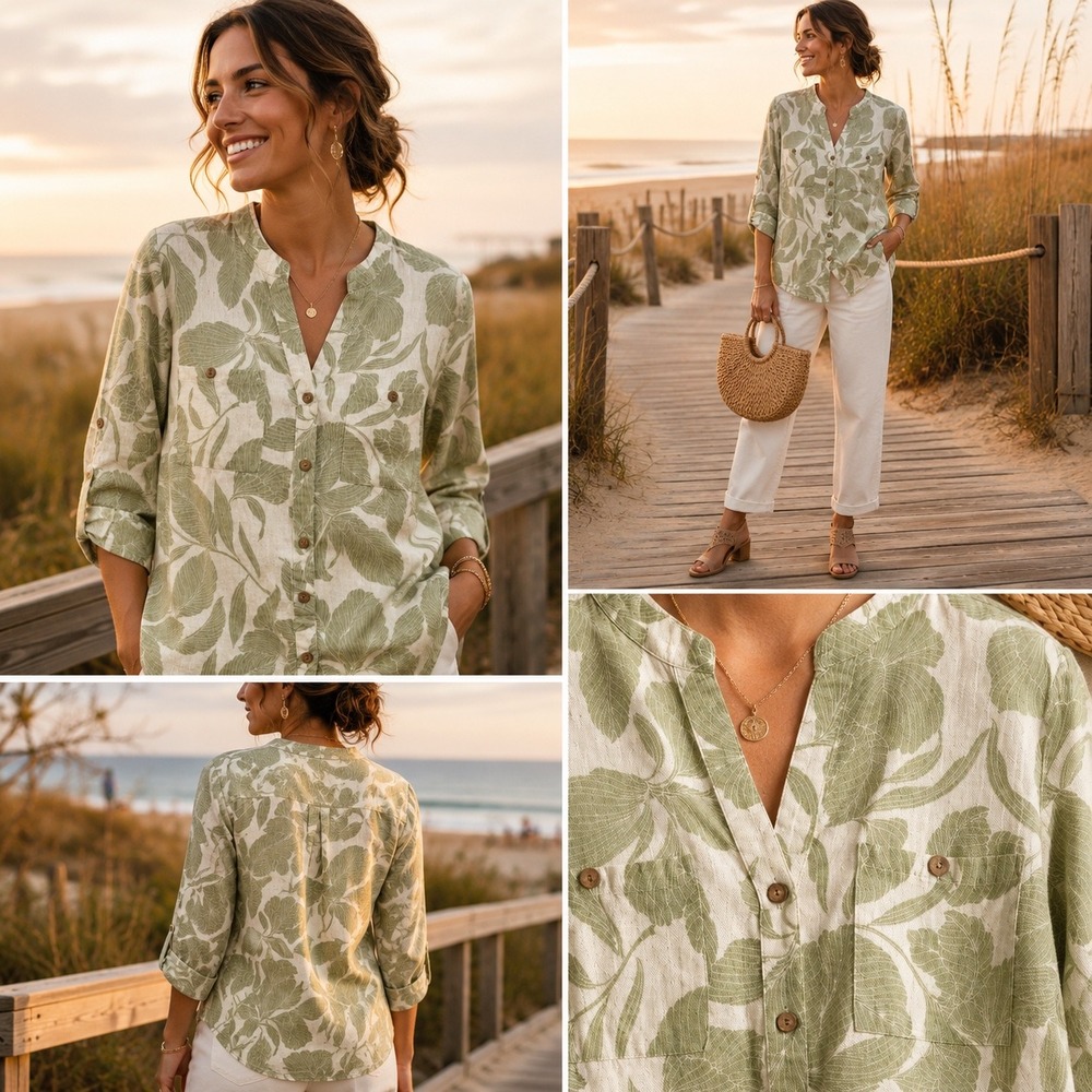 Unique Spectrum Mlle Gabrielle Women Green Tropical Leaf Cotton button up Small